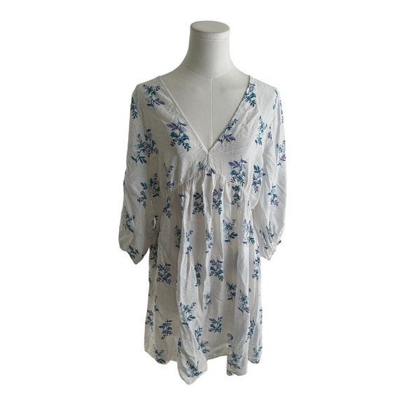 H&M Blue & White Floral V‎ Neck Babydoll 90’s Mini Dress 3/4 Sleeves size M Y2K - Picture 3 of 7